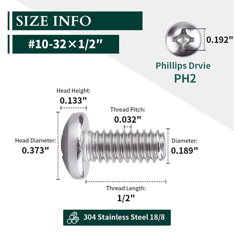 EASTLO #10-32 x 1/2" Pan Head Machine Screw, Phillips Drive, 304 Stainless Steel 18-8, Bright Finish, Fully Machine Thread, 50 Pcs - Image 3